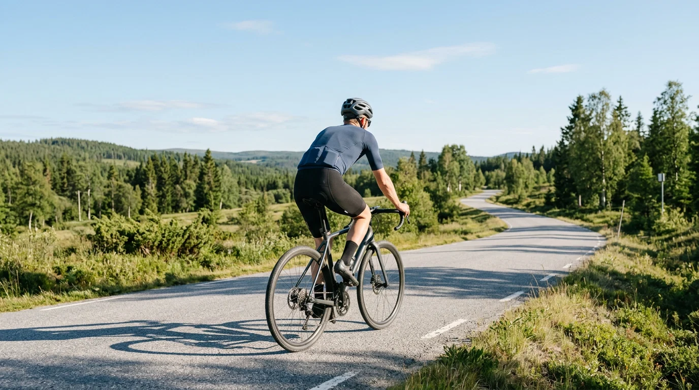 Aktiv man cyklar i nordisk natur - daglig rutin och kosttillskott för mäns välbefinnande